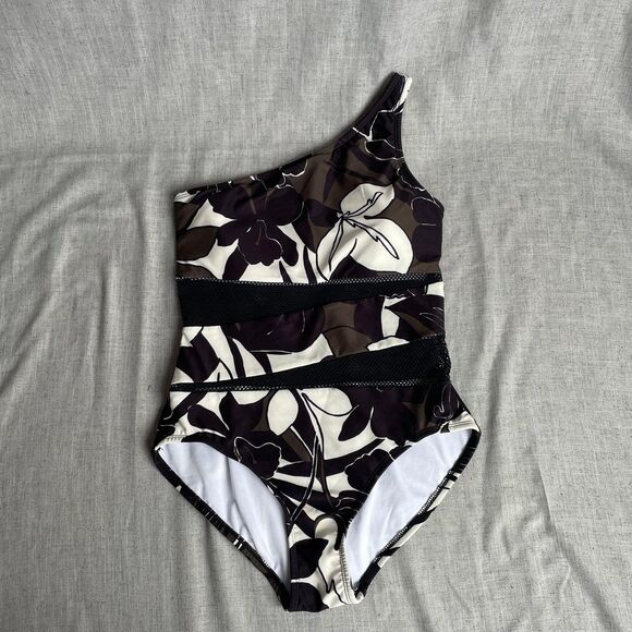 Carmen Marc Valvo‎ One Piece Swimsuit Floral Black White Green Women's Size 8 - Picture 1 of 6